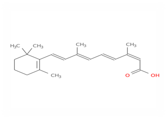 Isotretinoin is a retinoic acid that is all-trans-retinoic acid in which the double bond which is alpha,beta- to the carboxy group is isomerised to Z configuration. A synthetic retinoid, it is used for the treatment of severe cases of acne and other skin diseases. It has a role as a keratolytic drug, an antineoplastic agent and a teratogenic agent. It is a conjugate acid of a 13-cis-retinoate.
